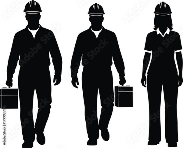 Fototapeta Construction worker walking silhouette set, engineers carrying toolbox illustration, male and female workforce vector, industrial job site professional icons