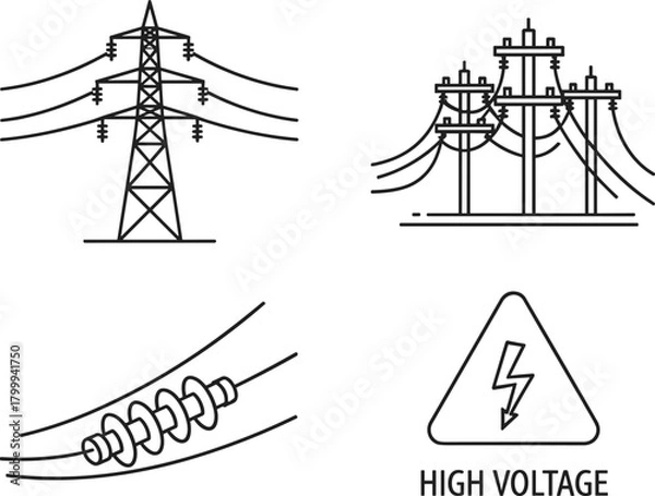 Fototapeta High voltage power line illustration set, electrical transmission tower and insulator vector, energy grid line art icons for utility infrastructure