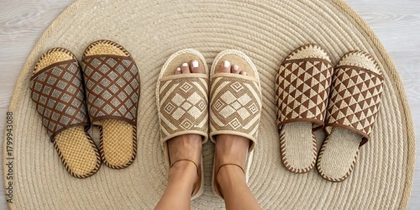 Fototapeta Feet wearing woven slippers on a round rug with other slippers footwear shoes