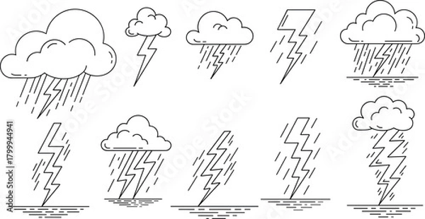 Fototapeta Set of lightning and rain weather icons featuring storm clouds, thunderbolts and rainfall, hand-drawn line style meteorology illustration elements