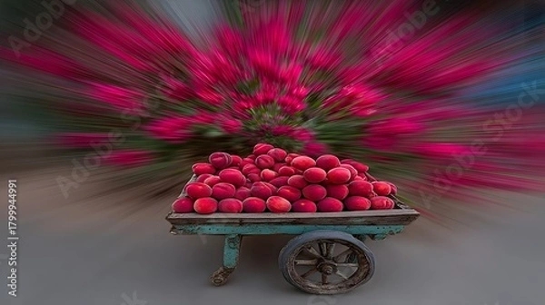 Fototapeta Rustic produce cart filled with peaches under peach trees with soft pink blossoms and background blur 