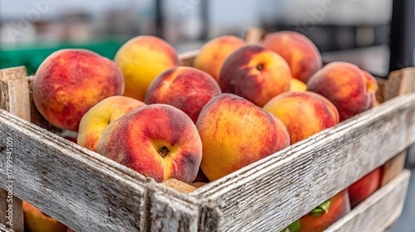 Fototapeta Rustic produce cart filled with peaches under peach trees with soft pink blossoms and background blur 
