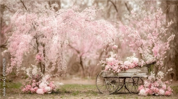 Fototapeta Rustic produce cart filled with peaches under peach trees with soft pink blossoms and background blur 