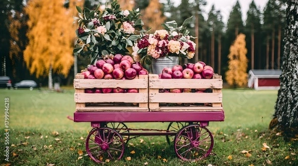 Fototapeta Rustic wagon with cranberries in crates next to bog fields with autumn colors in the background 