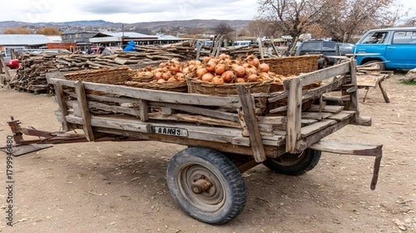 Fototapeta Rustic wagon with onions in baskets surrounded by farm tools and onion fields in the distance 