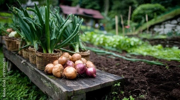 Fototapeta Rustic wagon with onions in baskets surrounded by farm tools and onion fields in the distance 