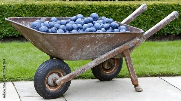 Fototapeta Rustic wheelbarrow filled with blueberries set in a countryside blueberry patch with bushes in the background 