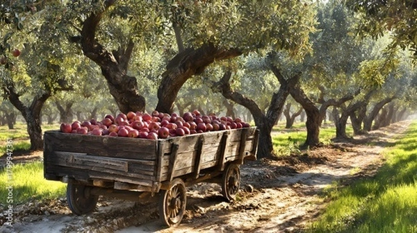 Fototapeta Rustic wooden cart filled with red apples on an orchard path with apple trees in the background and autumn leaves 