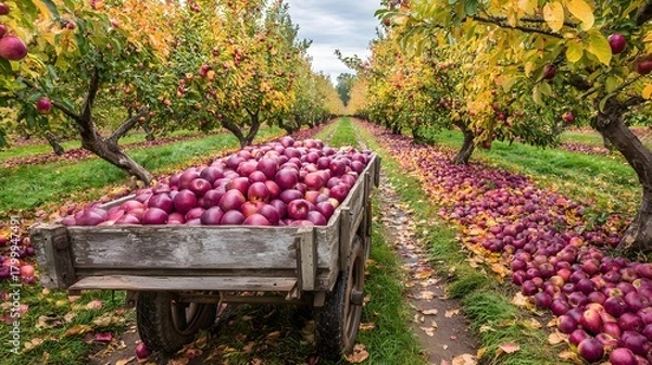 Fototapeta Rustic wooden cart filled with red apples on an orchard path with apple trees in the background and autumn leaves 