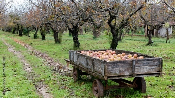 Fototapeta Rustic wooden cart filled with red apples on an orchard path with apple trees in the background and autumn leaves 