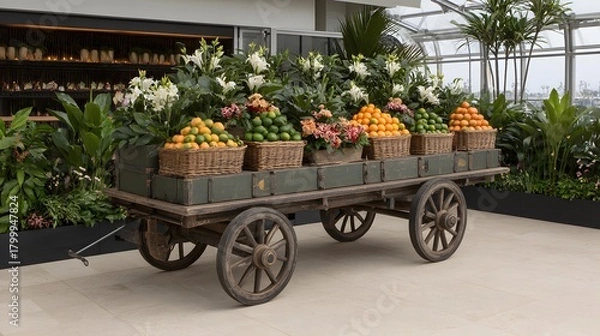 Fototapeta Rustic wooden wagon with baskets of passionfruit under a trellis orchard 