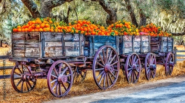 Fototapeta Traditional farm cart stacked with oranges near an orange grove with dappled sunlight and rustic fence 