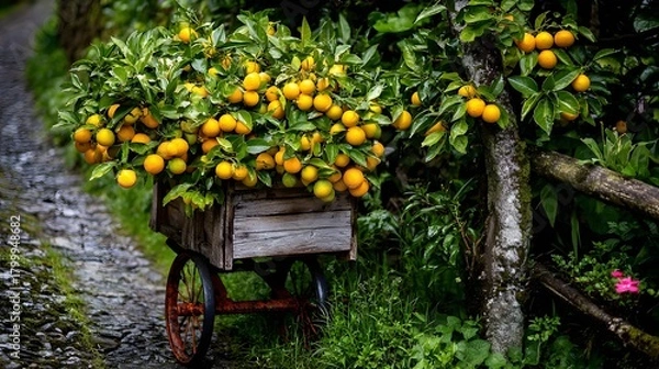 Fototapeta Traditional farm cart stacked with oranges near an orange grove with dappled sunlight and rustic fence 