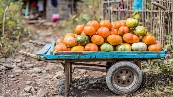 Fototapeta Traditional farm cart stacked with oranges near an orange grove with dappled sunlight and rustic fence 