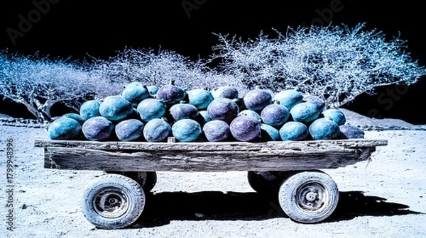 Fototapeta Traditional produce cart with pomegranates set against desert orchard trees in bloom 