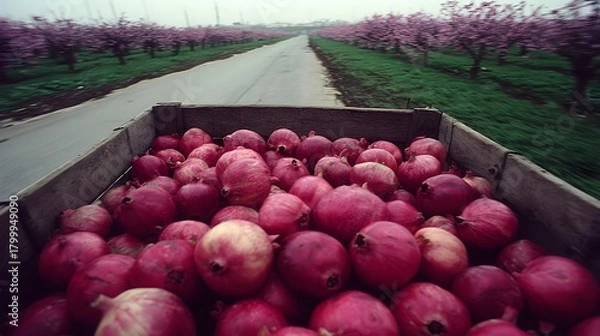 Fototapeta Traditional produce cart with pomegranates set against desert orchard trees in bloom 