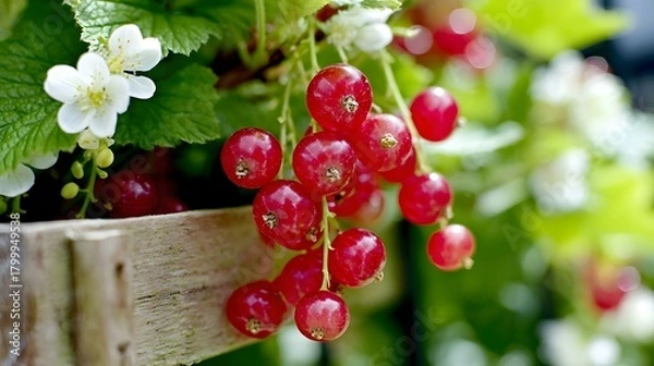 Fototapeta Traditional wooden wagon with red currants and green leaves in a quiet summer orchard 