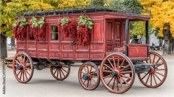 Fototapeta Traditional wooden wagon with red currants and green leaves in a quiet summer orchard 