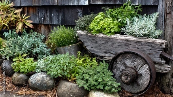 Fototapeta Vintage cart filled with mint, parsley and herbs freshly picked, placed in a greenhouse exit path 