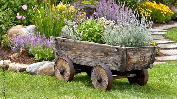 Fototapeta Vintage cart filled with mint, parsley and herbs freshly picked, placed in a greenhouse exit path 