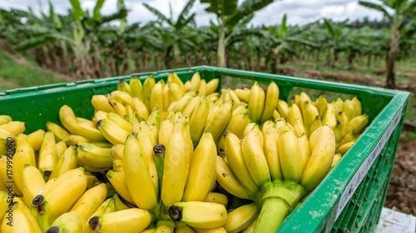 Fototapeta Vintage cart overflowing with yellow bananas placed in a tropical banana plantation with palm trees and sunlight 