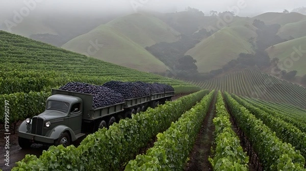 Fototapeta Vintage produce wagon with plums on a misty hillside orchard path 