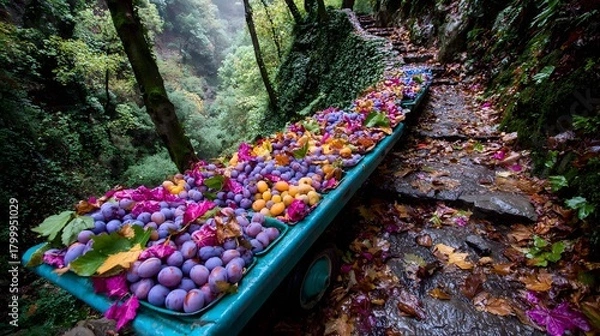 Fototapeta Vintage produce wagon with plums on a misty hillside orchard path 