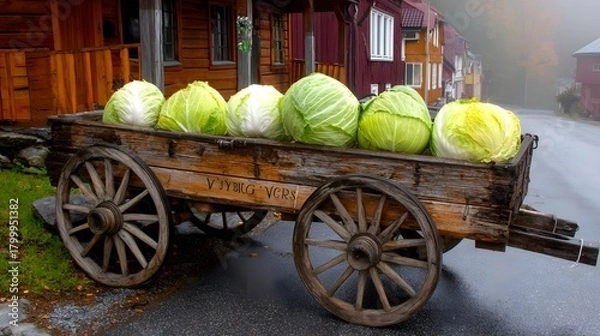 Fototapeta Vintage wooden cart loaded with cabbages placed on the edge of a foggy cabbage field 