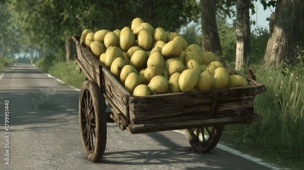 Fototapeta Wagon brimming with ripe mangoes placed near a rural mango orchard with tall fruiting trees 
