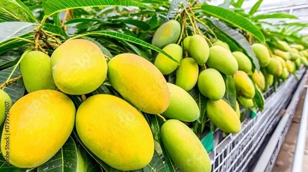 Fototapeta Wagon brimming with ripe mangoes placed near a rural mango orchard with tall fruiting trees 