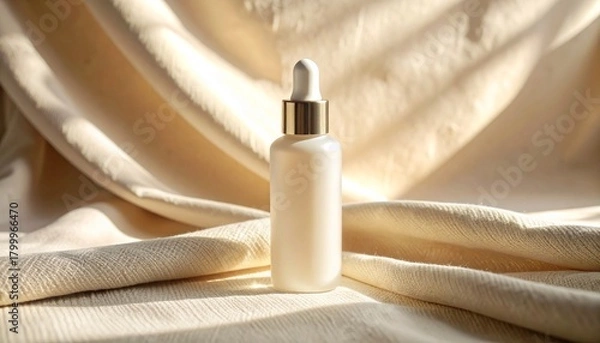 Fototapeta Luxury Skincare Bottle on Textured Linen in Beige Soft Light