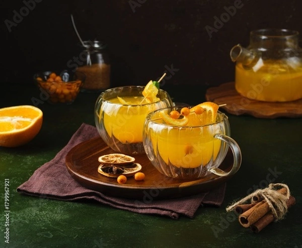 Fototapeta Sea buckthorn tea in clear cups with sea buckthorn berries and orange slices on a brown tray against a green concrete background.