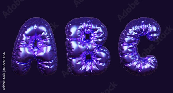 Fototapeta Inflatable purple metallic font letters A, B, and C in 3D rendering on a dark background