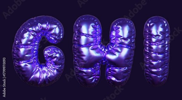 Fototapeta Inflatable purple metallic font letters G, H, and I in 3D rendering on a dark background