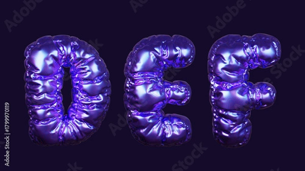Fototapeta Inflatable purple metallic font letters D, E, and F in 3D rendering on a dark background