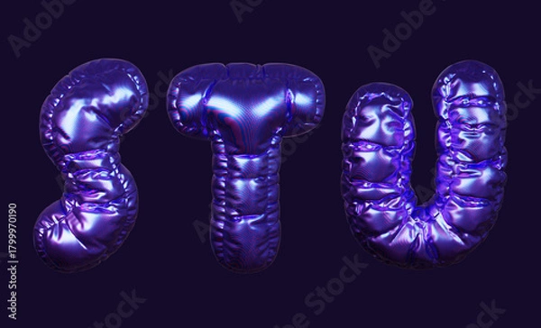 Fototapeta Inflatable purple metallic font letters S, T, and U in 3D rendering on a dark background