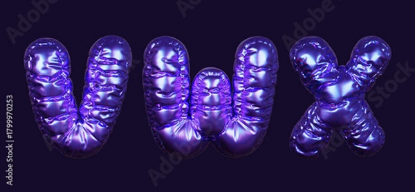 Fototapeta Inflatable purple metallic font letters V, W, and X in 3D rendering on a dark background