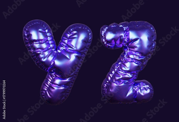 Fototapeta Inflatable purple metallic font letters Y and Z in 3D rendering on a dark background