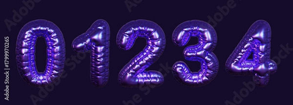 Fototapeta Inflatable purple metallic numbers 0, 1, 2, 3, 4. 3D rendering on a dark background