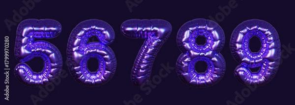 Fototapeta Inflatable purple metallic numbers 5, 6, 7, 8, 9. 3D rendering on a dark background