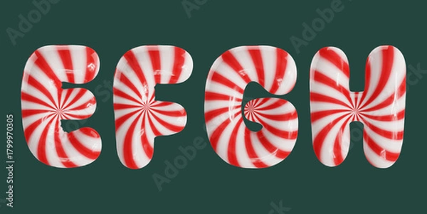 Fototapeta Candy cane striped balloon font letters E F, G, H in a glossy 3D rendering, isolated on a dark green background.