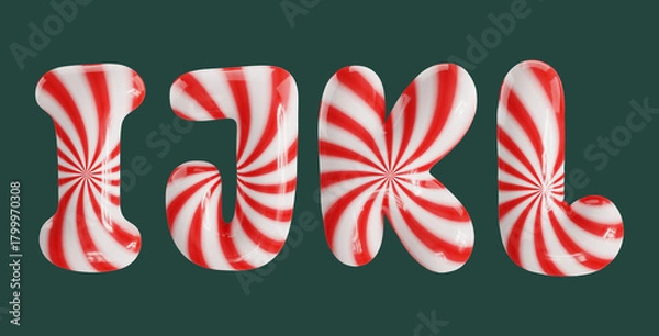 Fototapeta Candy cane striped balloon font letters I, J, K, L in a glossy 3D rendering, isolated on a dark green background.