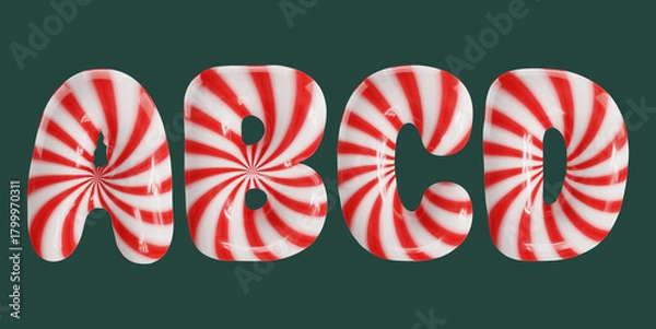 Fototapeta Candy cane striped balloon font letters A, B, C, D in a glossy 3D rendering, isolated on a dark green background.