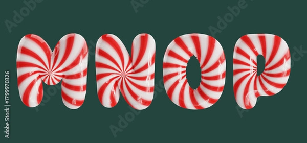 Fototapeta Candy cane striped balloon font letters M, N, O, P in a glossy 3D rendering, isolated on a dark green background.