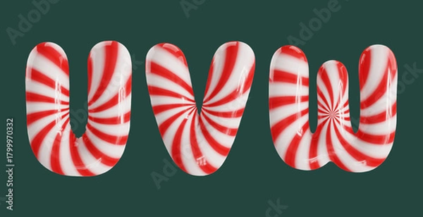 Fototapeta Candy cane striped balloon font letters U, V, W in a glossy 3D rendering, isolated on a dark green background.