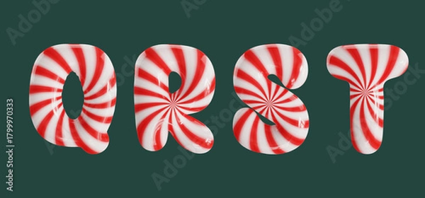 Fototapeta Candy cane striped balloon font letters Q, R, S, T in a glossy 3D rendering, isolated on a dark green background.
