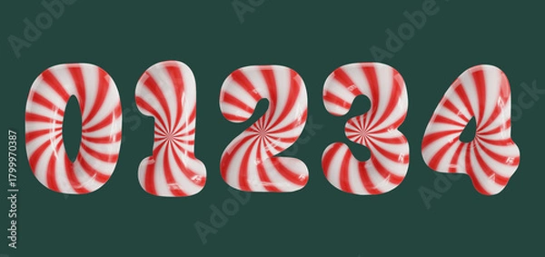 Fototapeta Candy cane striped balloon numbers in a glossy 3D rendering, isolated on a dark green background.