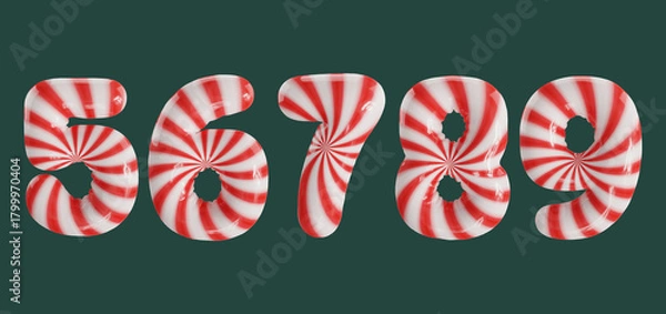 Fototapeta Candy cane striped balloon numbers in a glossy 3D rendering, isolated on a dark green background.