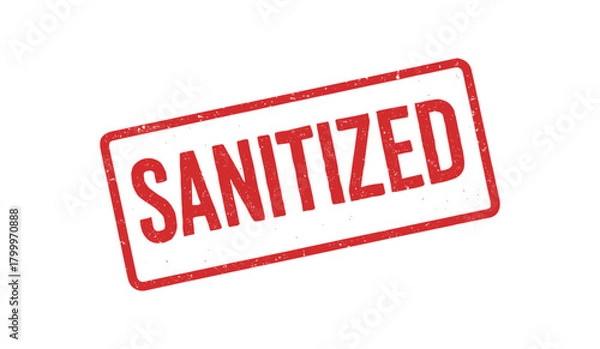 Fototapeta Red rubber stamp text SANITIZED rectangular outline bold capital letters distressed texture rotation isolated on white background vector illustration clean minimal style