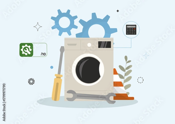 Fototapeta Washing Machine Repairability. Score Maintenance.  Home appliance repairability visualization showcasing  washing machine highlighting appliance maintenance accessibility. Vector illustration